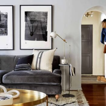 brady-tolbert-design_emily-henderson_living-room_eclectic_pavillion-grey_farrow-and-ball_brass-coffee-table_english-roll-arm_albini_masculine_traditional_west-elm_souk_flokati_leather_2
